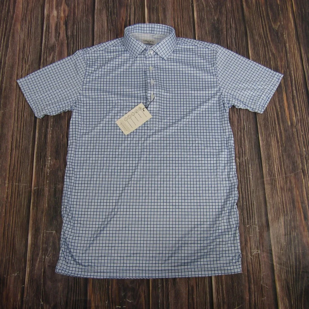 Collars & Co Polo Shirt Mens Medium Blue Check‎ Dress Collar 4 Way Stretch Golf